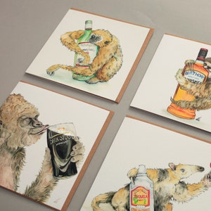 Pack de quatre de vos cartes préférées boozey beast greetings // Malbec Monkey, Whiskey Sloth, Stout Gorilla, Tequila Tamandua / Aquarelle