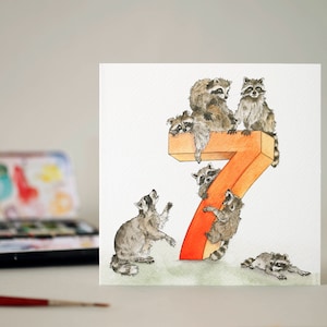 Sept ratons laveurs / Septième anniversaire / Sept ans / 7ème anniversaire / pour les filles / obtenu garçons / pour les jeunes amoureux des animaux / Cartes