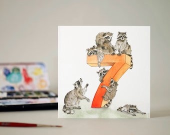 Raccoon 7th Birthday Card: Watercolor Animal Illustration