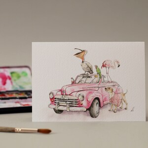 Kubanische Auto-Gruß-Karte / Auto-Liebhaber / Vogel-Liebhaber / Pelikan / Flamingo / Papagei / Hund / rosa Auto / für ihn / Oldtimer / Hand gezeichnet
