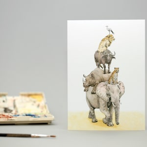 Carte Animaux d'Afrique / Illustrations à la main / Cinq grands / Safari / Éléphant / Rhinocéros / Lion / Léopard / Buffle / Dessin / Aventure