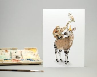 The Okapi and friends / Hand Illustrated Card / Animals beginning with O / Orangutan / Okapi / Owl / Funny collection / Drawing / Painting