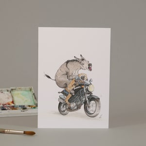 Burro e Macaco pilotando uma moto monstro Ducati! Cartão desenhado à mão // Ilustração caprichosa // para ele // necessidade de velocidade