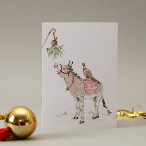 Maretak ezel / kerstkaart / wie zit er aan de andere kant van de maretak / roodborstje / fazant / feestelijke dieren / ongebruikelijke seizoenen