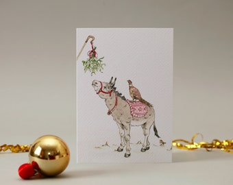 Guiedo Donkey / Carte de Noël / Qui est à l’autre bout du gui / Robin / Faisan / Animaux festifs / saisons inhabituelles salutation