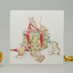Mäuse-Elfen Weihnachtskarte / kleine Helfer / Geschenke verpacken / Maus / festlich / süß / Illustrationen
