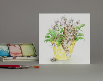 Flower Pot Cat, taking a nap in the garden. Cat Lovers. Tabby. Greetings card