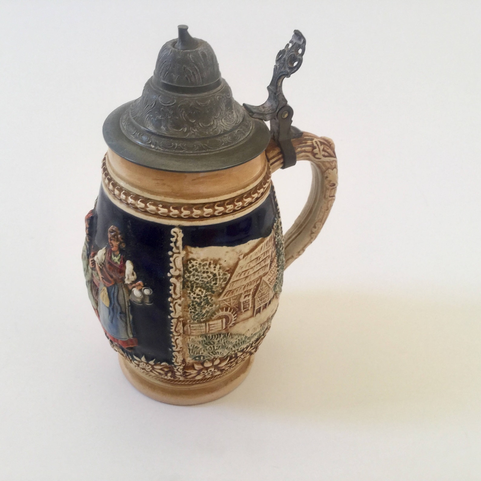 Vintage Beer Stein. Pottery base with pewter lid. Etsy