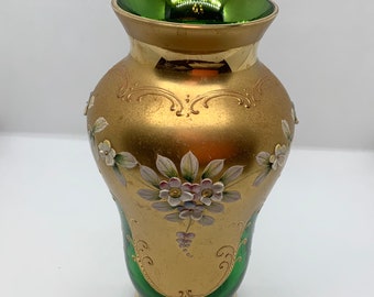 Bohemian Czech Hand Blow Glass Vase, Vibrant Emerald Green Glass, hand painted enamelled flowers  Gold trim - Like New.