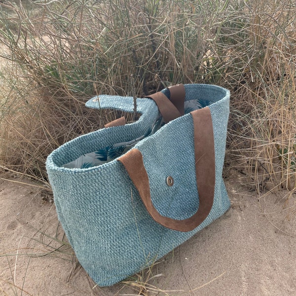 Sac cabas bleu en tissu d'ameublement