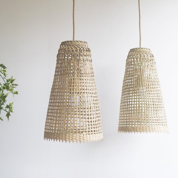 Handmade Bamboo Pendant Light, Cone Lampshade, Rustic Woven Lighting