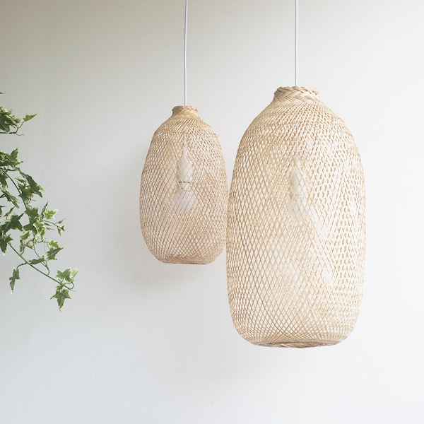 Bamboo Pendant Light - Handmade Wooden Lamp Hanging Repurposed Fishing Trap Basket Swag or Canopy Restaurant Lampshade Natural Woven Rustic