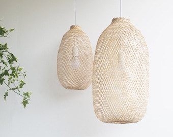 Bamboo Pendant Light - Handmade Wooden Lamp Hanging Repurposed Fishing Trap Basket Swag or Canopy Restaurant Lampshade Natural Woven Rustic