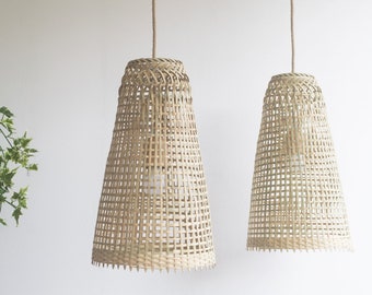 Repurposed Fishing Trap Basket Bamboo Pendant Light Handmade Cone Shaped Wooden Pendant Lamp, Hanging Natural Woven E27 E26 Rustic Lampshade