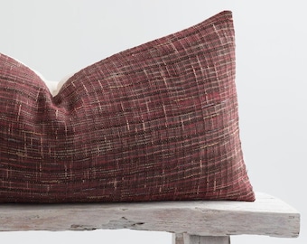 Rustic Red Lumbar Cushion, Earthy Red Brown Pillow Cover, Farmhouse Throw Pillow, Beige Bamboo Fabric Reverse, Pillow Insert Kapok Filling