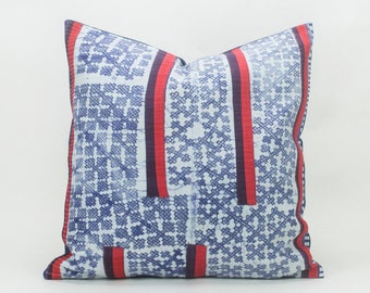 Hmong Indigo Batik Throw Pillow / Cushion Cover 18x18"- Handwoven Hill Tribe Fabric, Hmong Textile Rustic Indigo Dye Red Blue White Striped