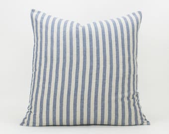 Striped Linen x Cotton Blend Cushion Cover, Natural Pillow, Cream Blue Pillow, Woven Pillow, Linen Fabric,  Linen Cushion / Various Sizes