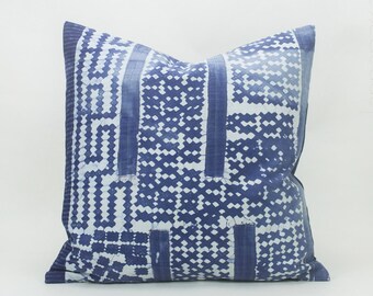 Hmong Indigo Batik Throw Pillow / Cushion Cover 18x18"- Handwoven Hill Tribe Fabric, Hmong Textile Rustic Indigo Dye Stitched Blue White