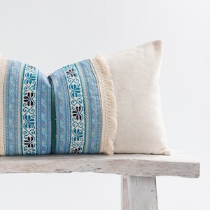 Vintage Embroidered Hill Tribe Hemp Lumbar Cushion Throw Pillow Cushion Cover 12x24" Oatmeal Rustic Natural Patch Textile Rustic Tassel Blue