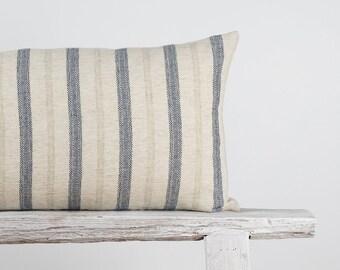 Rustic Linen x Cotton Blue Striped Lumbar Pillow Cushion Cover, Off-White Beige Oatmeal Fabric, Farmhouse, Coastal, Nautical, Kapok Insert
