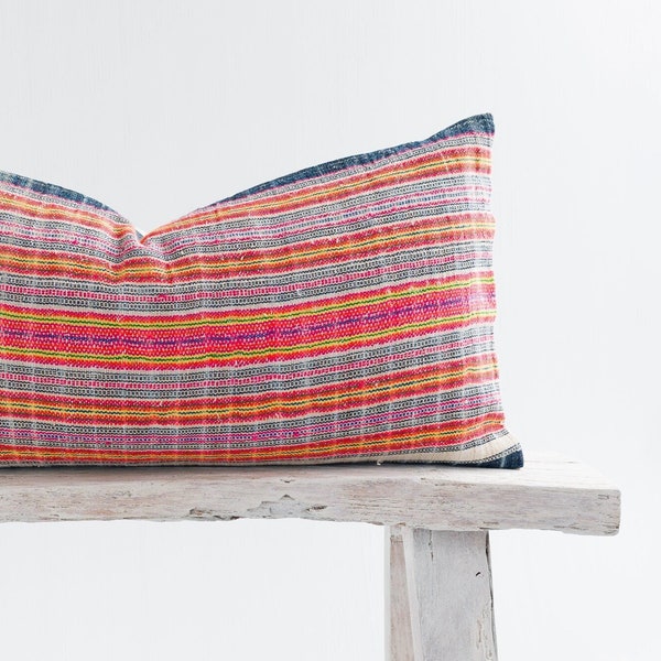 Rare Vintage Handwoven Hmong Lumbar Pillow Cover : Handwoven Hill Tribe Fabric, Striped Colorful Weave, Natural Ethnic Cotton Indigo Cream