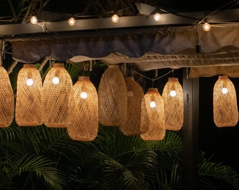 Outdoor Lighting Set - Bamboo Pendant String Lights Weatherproof Waterproof Garden Tree Patio Cafe Restaurant Fishing Trap Plug Basket Lamp