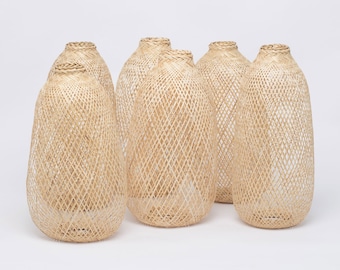 Set of 6 - Bamboo Baskets / Accessories Supplies For Creating Pendant Lights, Floor Lamps or Other Decorations, Metal Brackets & Cord Grips