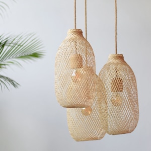 Cluster Set - 3 Bamboo Pendants Single Canopy Ceiling Plate Hardwire Woven Fishing Trap Light Restaurant Wedding Rustic White Black Wood