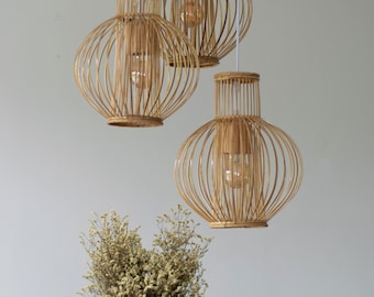 Bamboo Rattan Pendant Light - Handmade Wood Basket Lamp Natural Vase Droplet Shade Shaped Lighting w/ Wood or White Ceiling Canopy