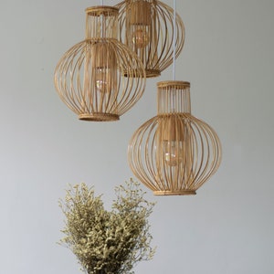 Bamboo Rattan Pendant Light - Handmade Wood Basket Lamp Natural Vase Droplet Shade Shaped Lighting w/ Wood or White Ceiling Canopy