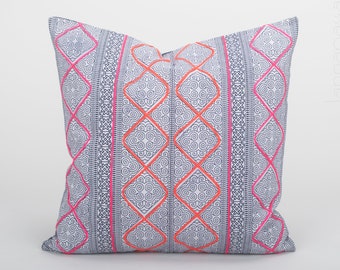 SALE - Handwoven Hmong Indigo Batik Throw Pillow / Cushion Cover 18"x18"- Embroidered Hill Tribe Fabric Pink Orange, Pink Rustic Indigo Dye