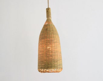 Repurposed Fishing Trap Basket Bamboo Pendant Light - Woven Cone Shaped Wooden Chandelier Lamp, Hanging Natural Artisan Rustic Lampshade