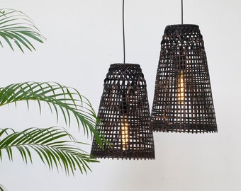 Black Bamboo Pendant Light - Handmade Wooden Pendant Shade Lamp Hanging Repurposed Fishing Trap Basket Hanging Natural Woven Boho Rustic