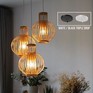 Set of 3 - Triple Drop Canopy Bamboo Rattan Pendant Light Handmade Wood Basket Lamp Natural Vase Droplet Shade Lighting Hardwired Ceiling