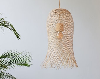 Bamboo Pendant Light - Handwoven Bamboo Shade Octopus Flare  Cafe Shop Lighting Rustic Lamp Plug In Swag or Ceiling Canopy Rope White Black