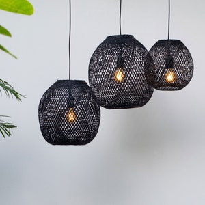 Round Black Bamboo Pendant Light Handmade Wooden Lamp Shade Hanging Repurposed Fishing Trap Basket Natural Woven Wedding Restaurant Lighting