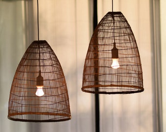 Repurposed Fishing Trap Basket Bamboo Pendant Lamp Wedding Restaurant Wooden Woven Boho Rustic Light Natural Hanging Design Asian Cone Large