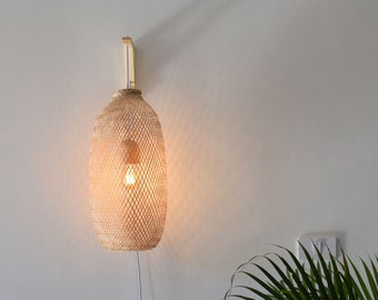 Plug In Wall Mount Lamp Pendant - Bamboo Pendant Wall Sconce Style w/ Switch Wood Boho Lampshade Fish Trap Aspen Bracket Hanging Natural