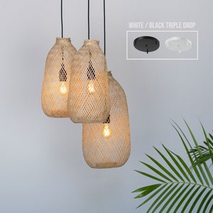 Cluster Set 3 Bamboo Pendants Single Canopy Ceiling Plate Hardwire Woven Fishing Trap Light Restaurant Wedding Rustic White Black Wood imagem 2