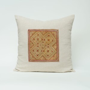 Rare Vintage Hill Tribe Hemp Cushion Throw Pillow / Cushion Cover 20x20&quot; Embroidered Oatmeal Rustic Natural Patch Textile Rustic Earth