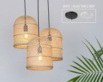 SET D - Triple Drop Hang 3 Bamboo Pendants Ceiling Plate Hardwire Woven Fishing Trap Wooden Light Restaurant Wedding Rustic White Black