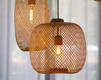 Bamboo Pendant Lamp Handwoven Light Shade Hanging Fish Trap Basket Flexible Natural Wood  Wedding Restaurant Lighting Canopy or Swag Plug