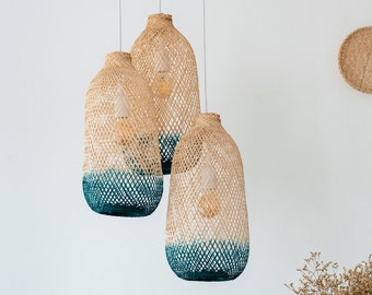 3 Cluster Bamboo Pendant Set - Two Tone Baskets Triple Hang White Black Ceiling Canopy Flexible Hand Dyed Turquoise Blue Natural Wood