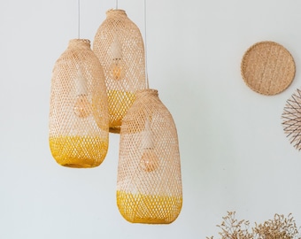 3 Cluster Bamboo Pendant Set - Two Tone Baskets Triple Hang White Black Ceiling Canopy Flexible Hand Dyed Yellow Natural Wood Lighting