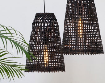 Repurposed Fishing Trap Basket - Black Bamboo Pendant Light - Handmade Cone Shaped Wooden Pendant Lamp Natural Woven Rustic Asian Lampshade