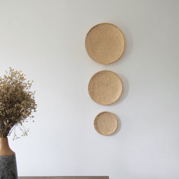 Lot de 3 décorations murales en bambou et osier tissées à la main Décoration murale à suspendre Grand cercle rond naturel Formes Bols Bois Lumière Rustique Tissé Bandes Tissage