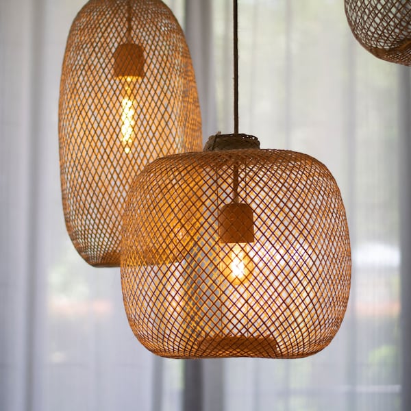 Bamboo Pendant Lamp Handwoven Light Shade Hanging Fish Trap Basket Flexible Natural Wood  Wedding Restaurant Lighting Canopy or Swag Plug