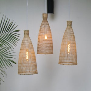 Set of 3 - Bamboo Pendant Light - Natural Lampshade Lamp Hanging Tall Basket Wood White Black Rope Cable Options Restaurant Wedding Lighting