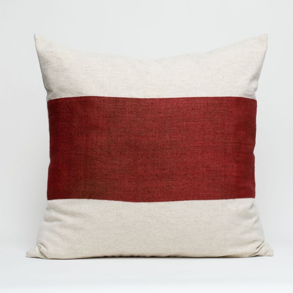 Raw Hill Tribe Hemp Fabric Throw Coussin Oreiller 20x20 « - Couleur Naturelle Chanvre Textile Avoine Texture Rugueuse Rayé Rouge Foncé Bourgogne #ID2