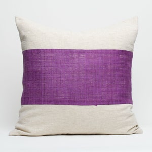 Raw Hill Tribe Hemp Fabric Throw Cushion Pillow 20x20&quot; - Natural Color Hemp Textile Oatmeal Rough Texture Striped Bright Purple Line #ID2